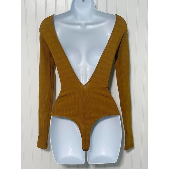 Goldsign The Rib Deep Bodysuit NWT Long Sleeve Golden Yellow Ochre Small - Picture 15 of 16